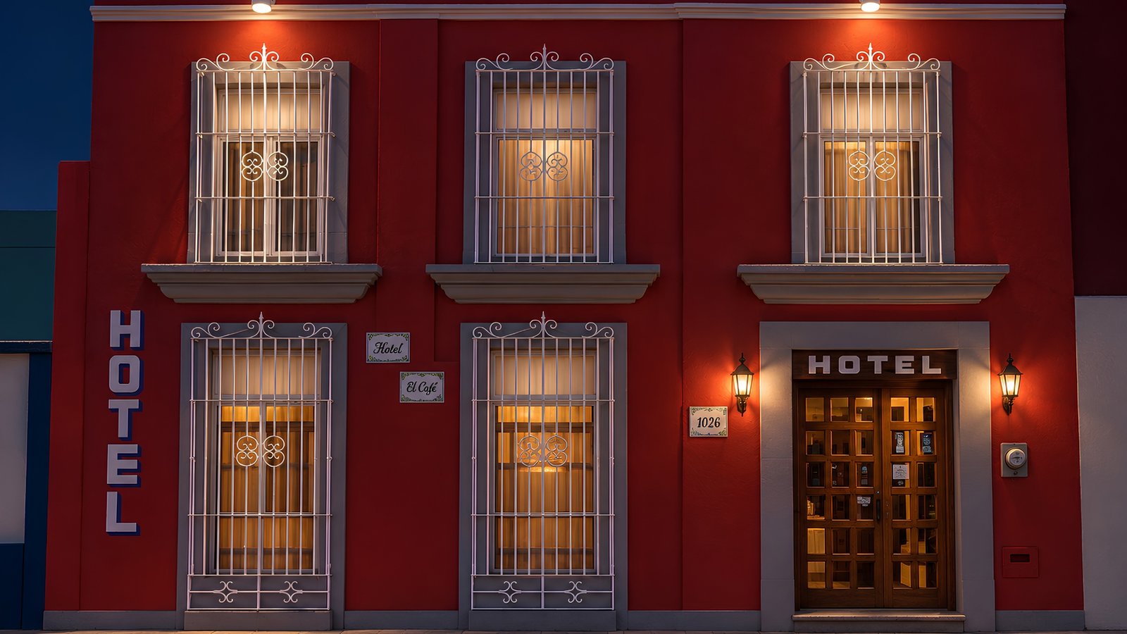 Fachada del Hotel Posada el Cid iluminada de noche